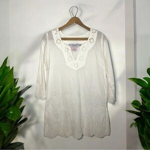 Gretchen Scott Designs Boho Prairie Popover Eyelet V Neck Tunic Blouse